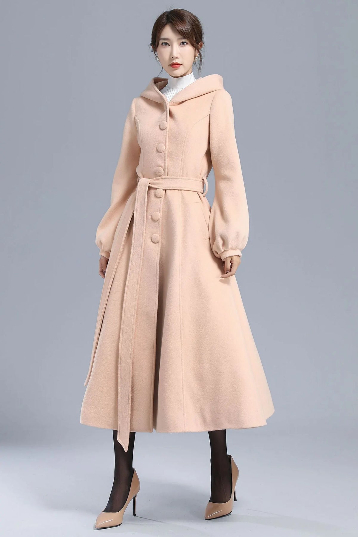 Handmade Wool Hooded Coat – Lantern Sleeve Belted Winter Long Overcoat 