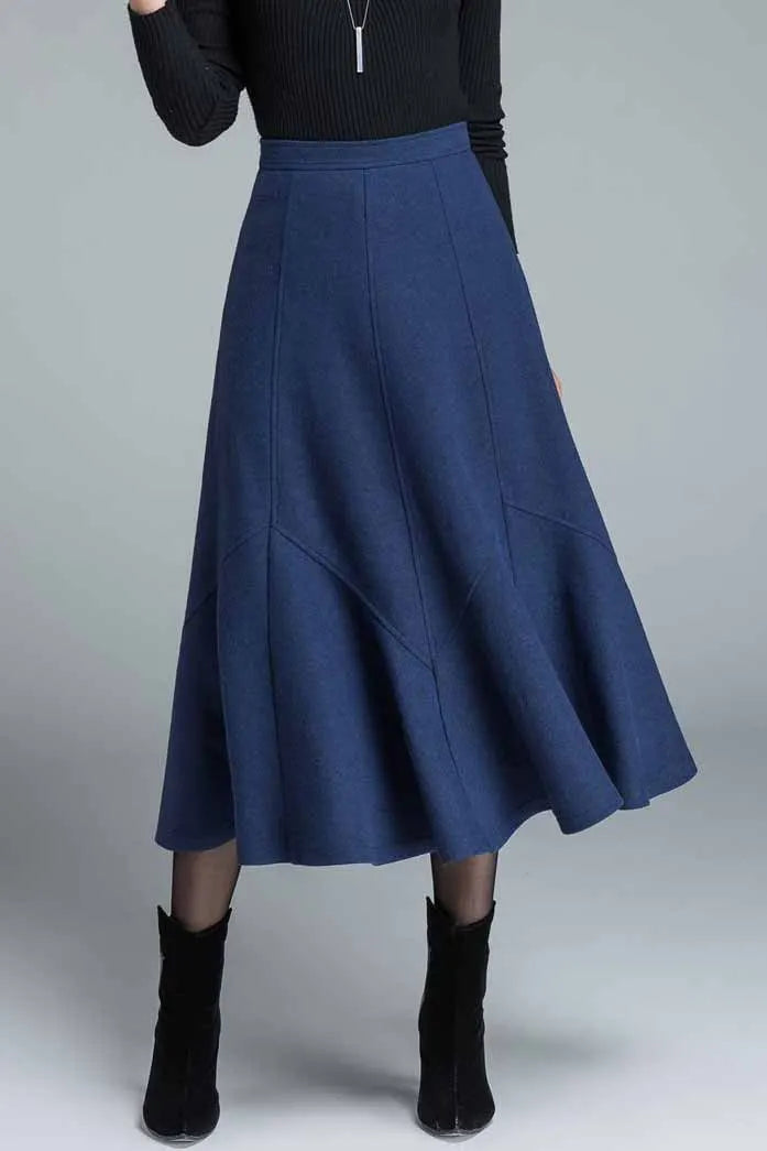 Handmade Navy Blue Wool Skirt – Elegant Winter Maxi Flared Skirt 