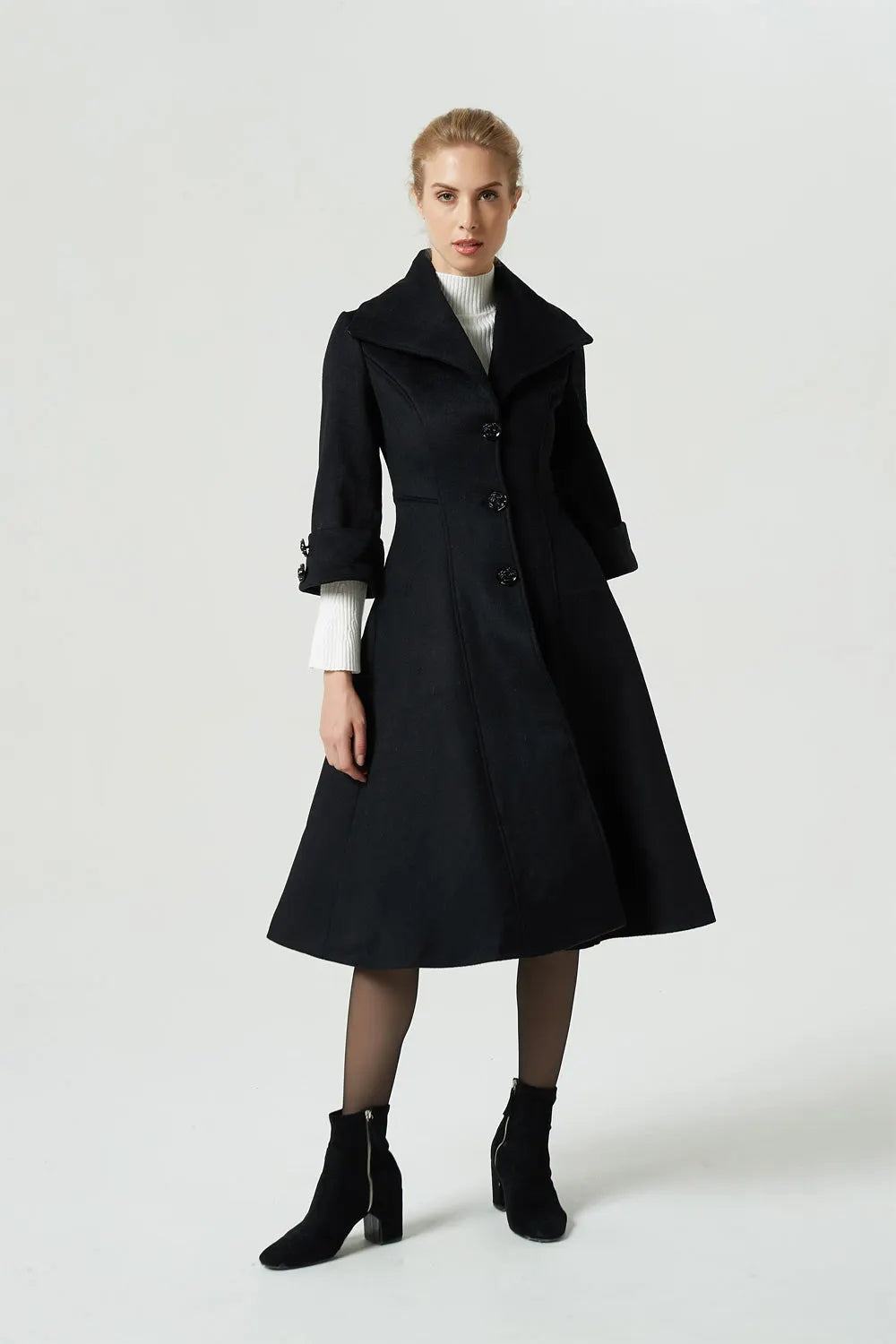 Black Wool Winter Coat – Big Lapel Fitted Midi Coat with 3/4 Sleeves 