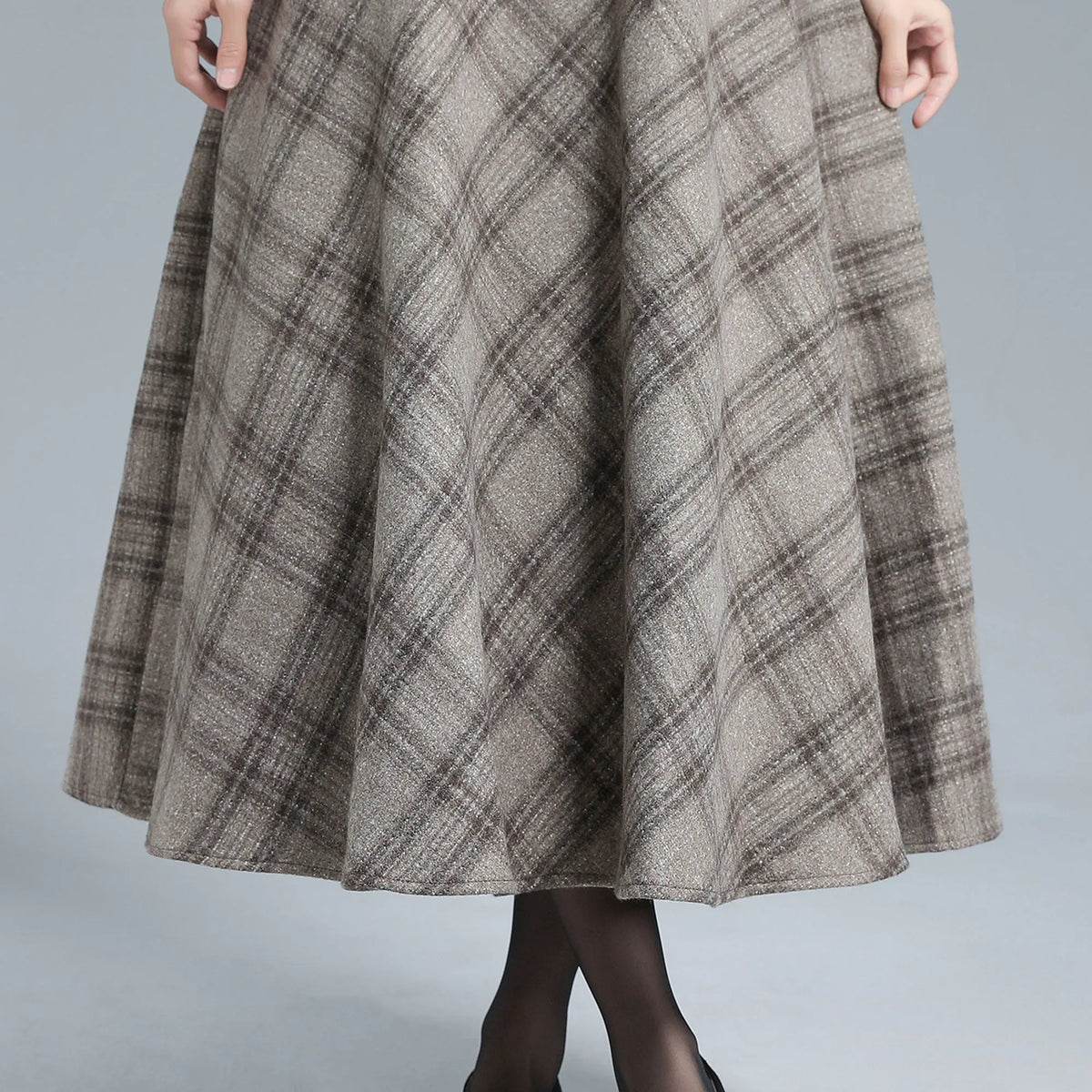 Khaki Wool Plaid Full Skirt - Elastic Waist, Side Pockets 3133