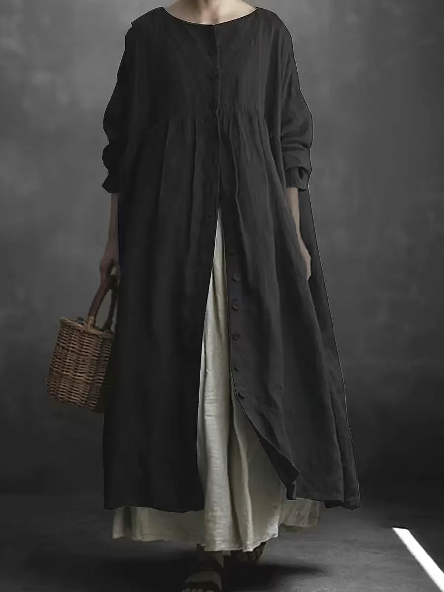 Women's Solid Color Art Casual Long Sleeve Cotton Linen Dress