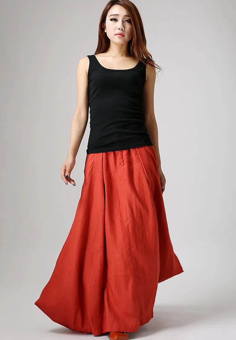 Women’s Handmade Linen Maxi Skirt – Orange Asymmetrical Flowy Skirt 