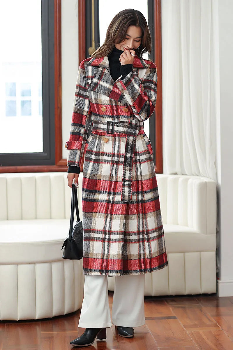 Handmade Red Plaid Wool Coat – Vintage Belted Long Winter Overcoat 