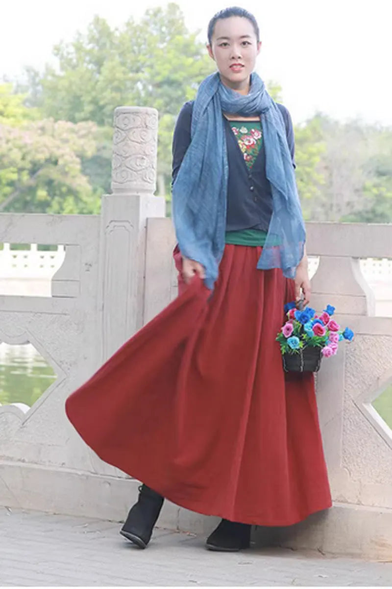 Linen Maxi Skirt - Elastic Waist Side Pockets Plus Size 