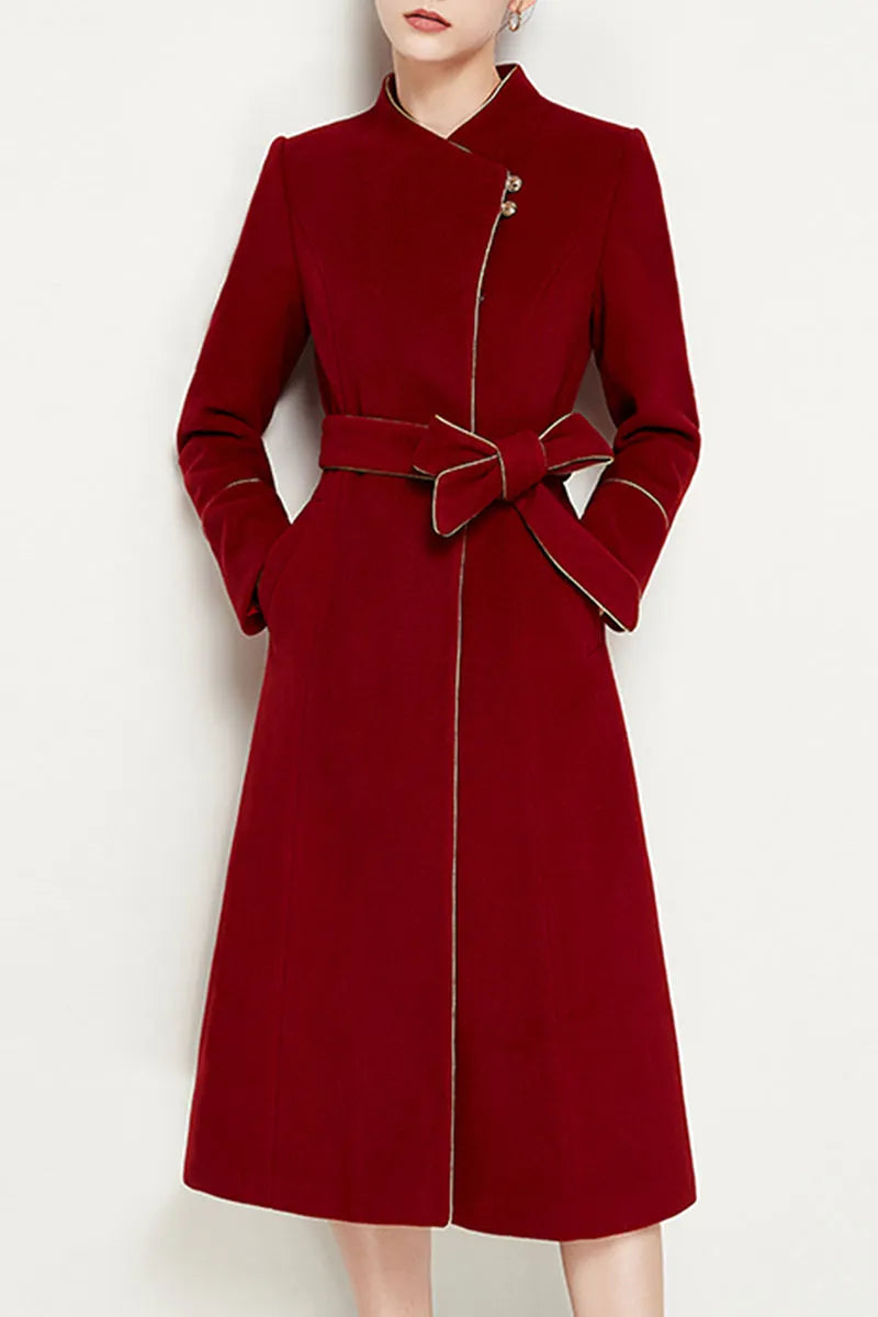 Red Wool Coat – Handmade Asymmetric Button Winter Coat with Feminine Bow Belt 3955