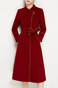 Red Wool Coat – Handmade Asymmetric Button Winter Coat with Feminine Bow Belt 3955