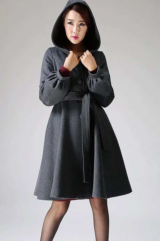 Dark Gray Wool Swing Coat - Hooded with Tie Waist and Lantern Sleeves 1073