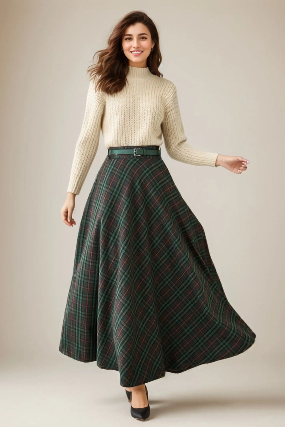 Plaid Wool Long Skirt - Flared Ankle-Length Classic 5260
