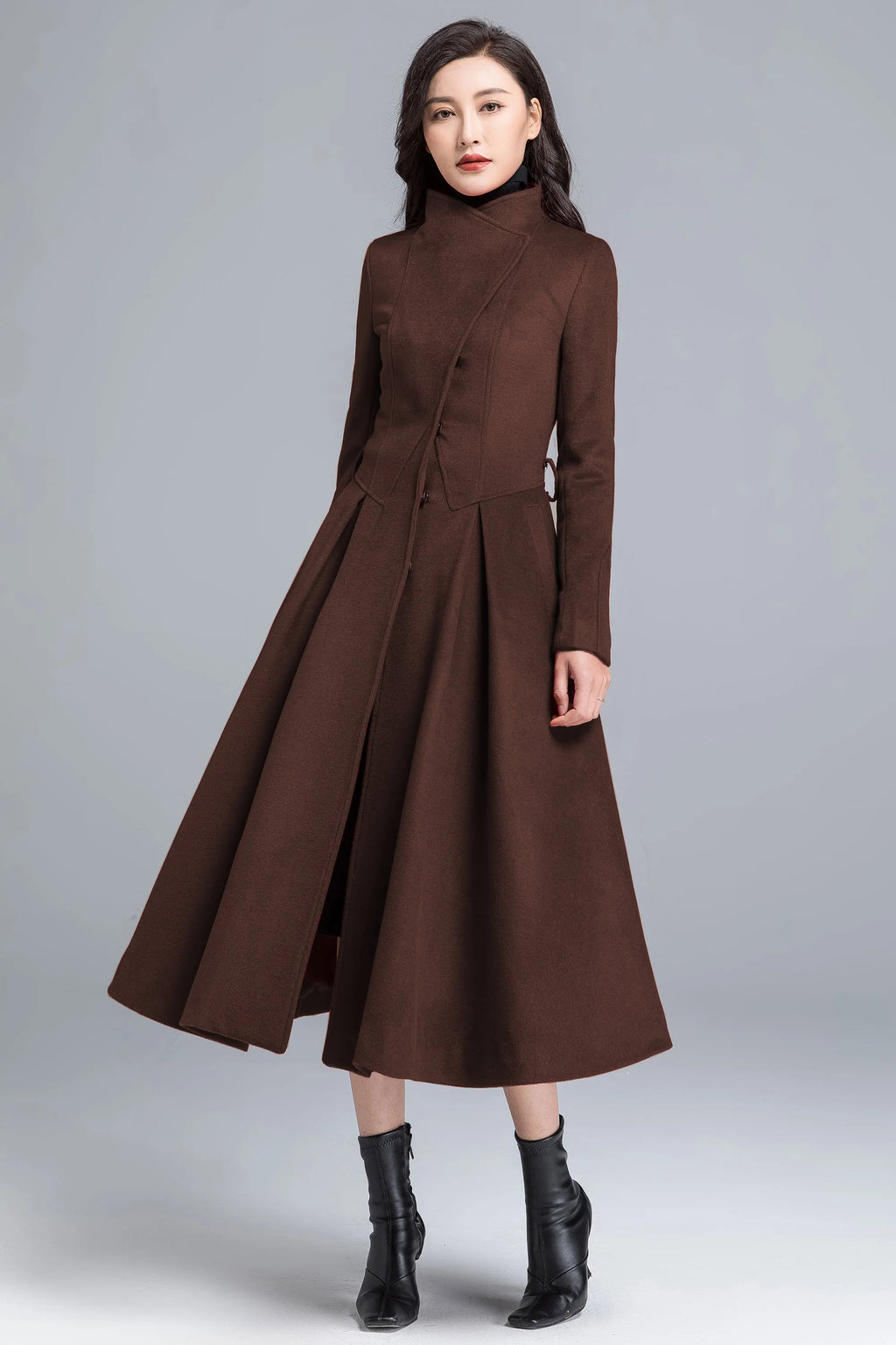 Vintage Wool Blend Coat – Handmade Brown Long Winter Coat with Belt 