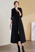 Black Wool Long Coat - Tie Belt Waist, Lapel Collar 5283