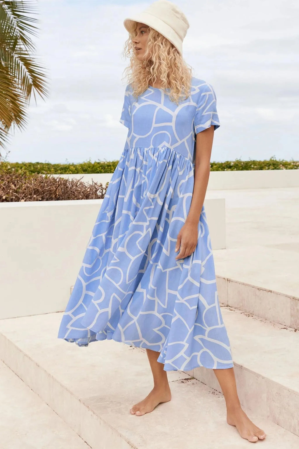 High Waist Ruched Dress with Geometric Print
