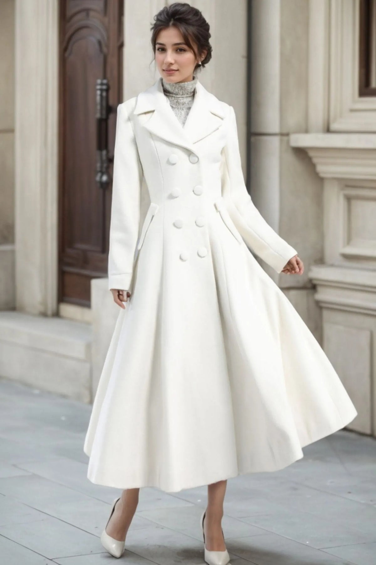 White Wool Maxi Coat – Vintage Double Breasted Long Winter Overcoat 3235