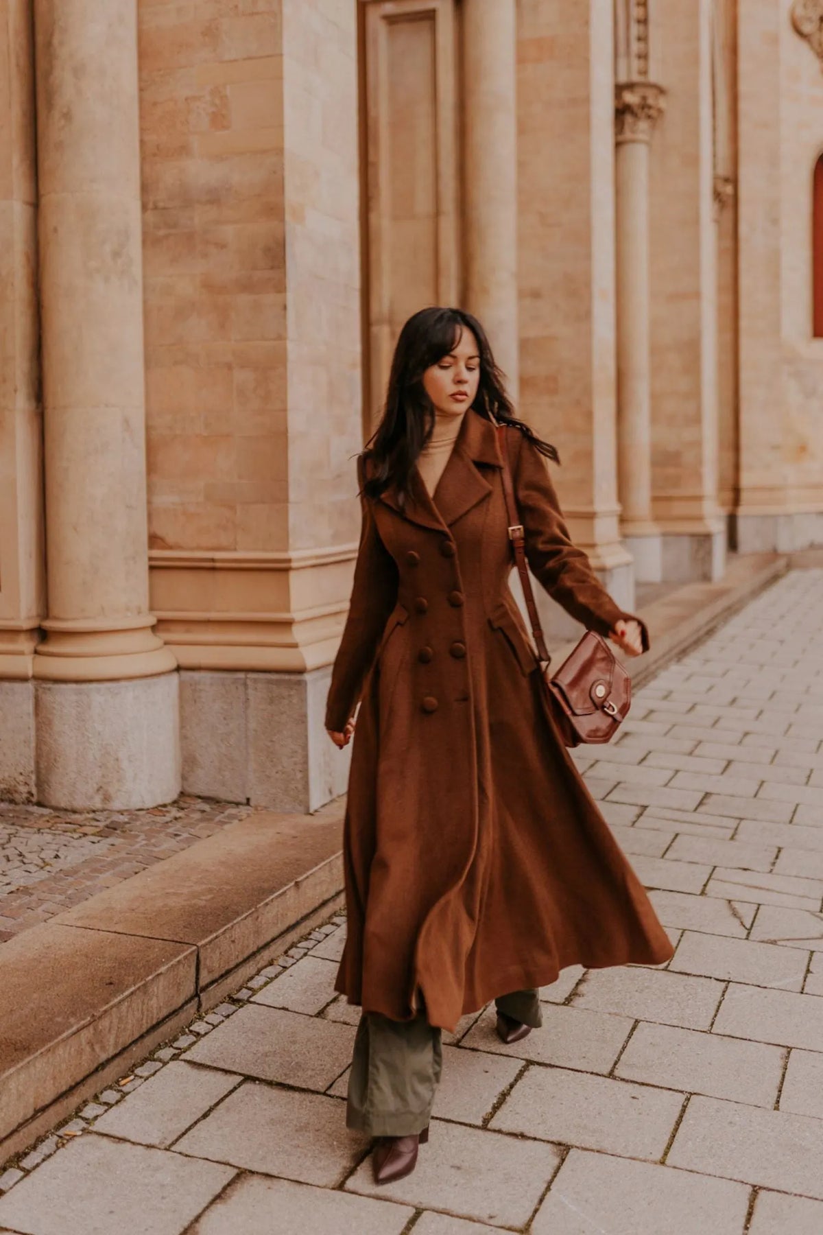 Brown Wool A-Line Trench Coat - Double Breasted Maxi 