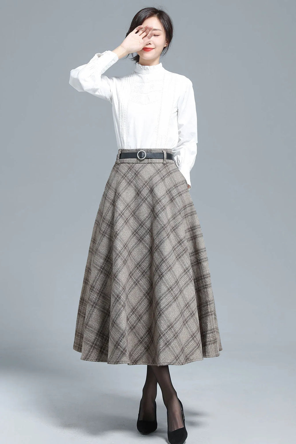 Khaki Wool Plaid Full Skirt - Elastic Waist, Side Pockets 3133