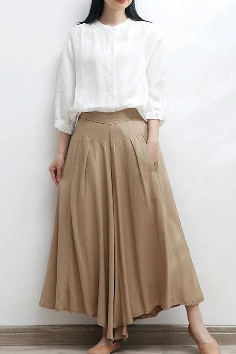 Beige Linen Cotton Wide Leg Pants - Elastic Waist, Asymmetrical Hem 4300