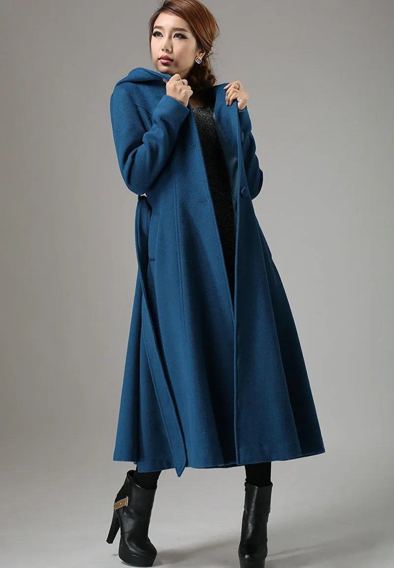 Vintage Teal Blue Wool Coat – Handmade Hooded Belted Winter Overcoat 