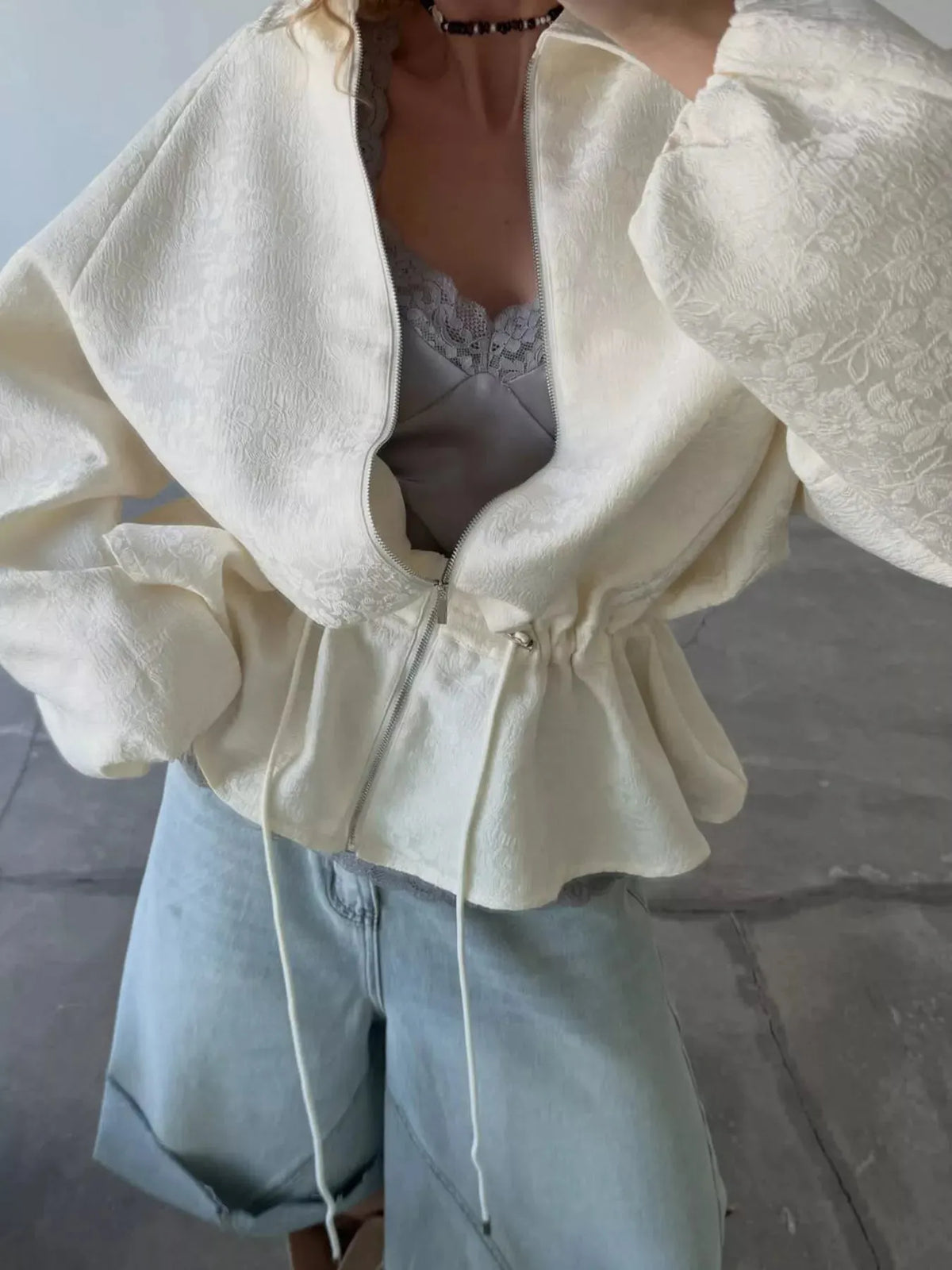 Women's Jacquard Zip-Up Peplum Jacket