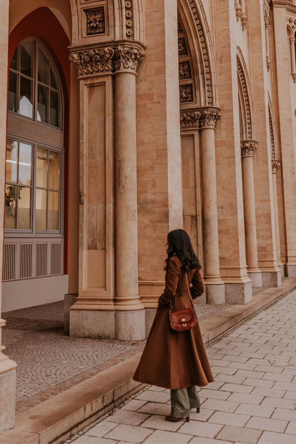 Brown Wool A-Line Trench Coat - Double Breasted Maxi 