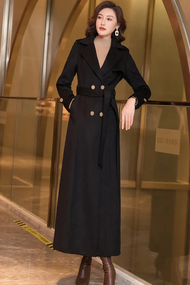 Black Wool Coat – Long Double Breasted Belted Winter Overcoat for Women 3970