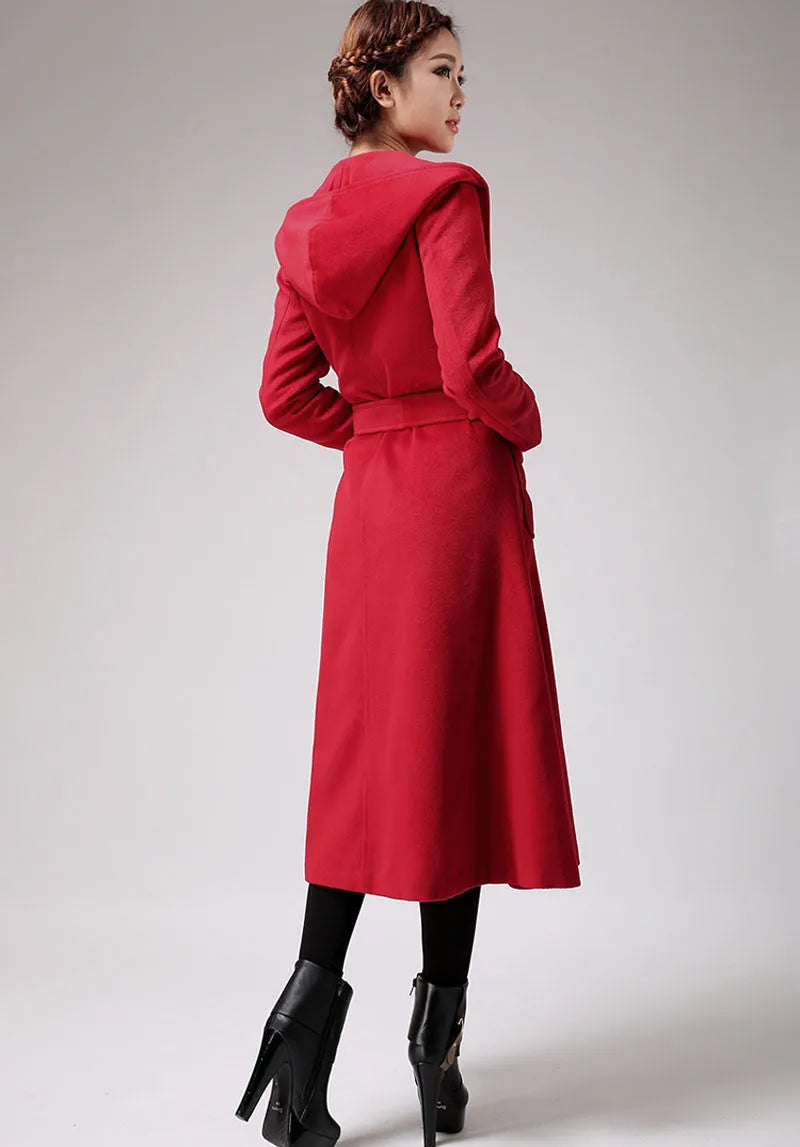 Vintage Wool Coat for Women – Handmade Red Hooded Swing A-Line Winter Coat 