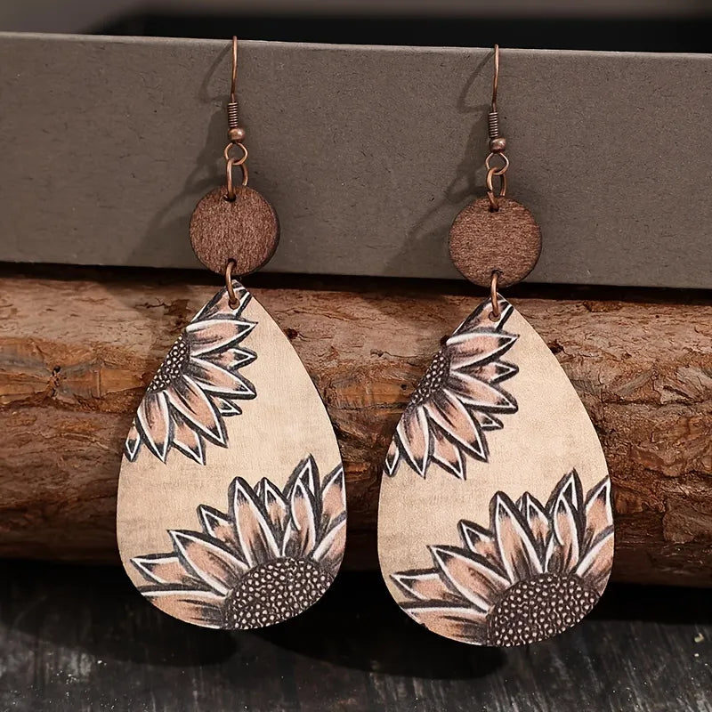 Unique Droplet Shape Wooden Dangle Earrings - Retro Bohemian Style, Sunflower Print, Trendy Female Ear Ornaments with Na