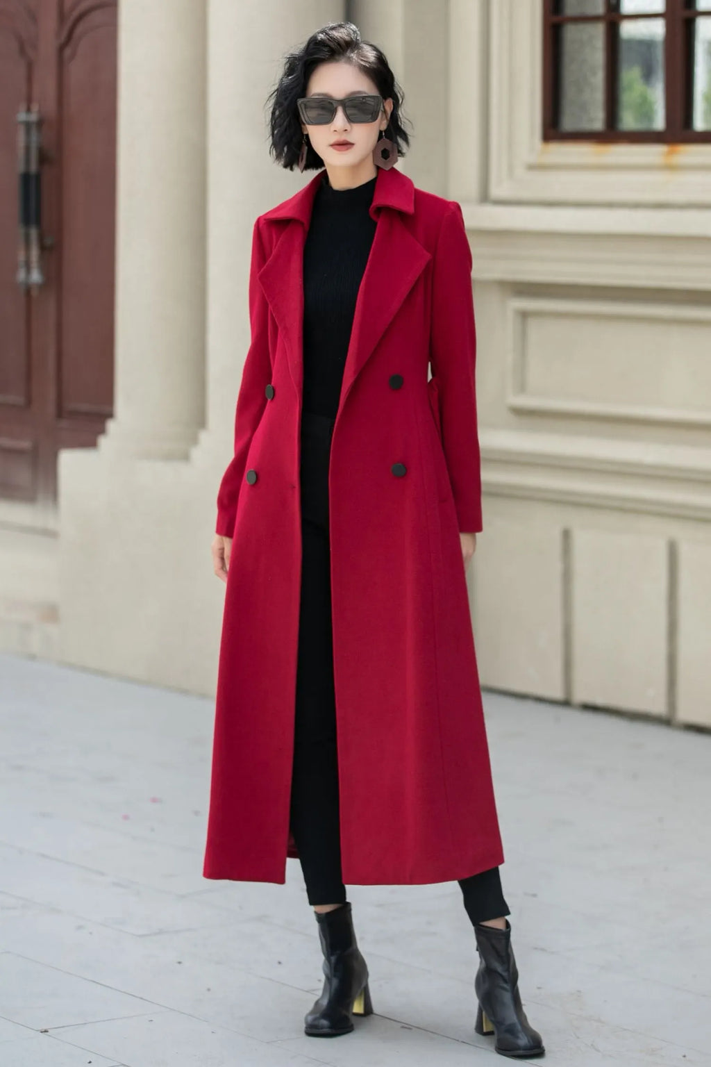 Red Wool Maxi Coat - Double-Breasted Fit & Flare Silhouette 5348
