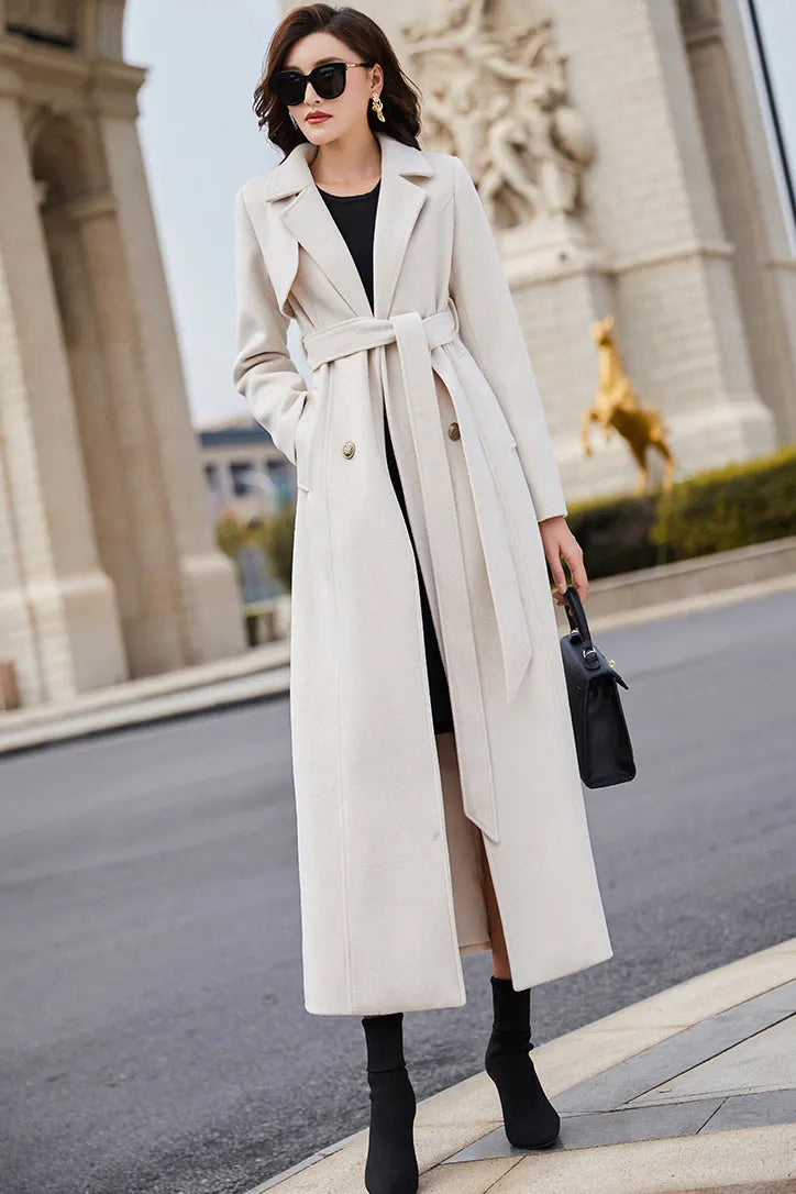 Beige Wool Coat – Handmade Long Double Breasted Belted Winter Overcoat for Women 3978