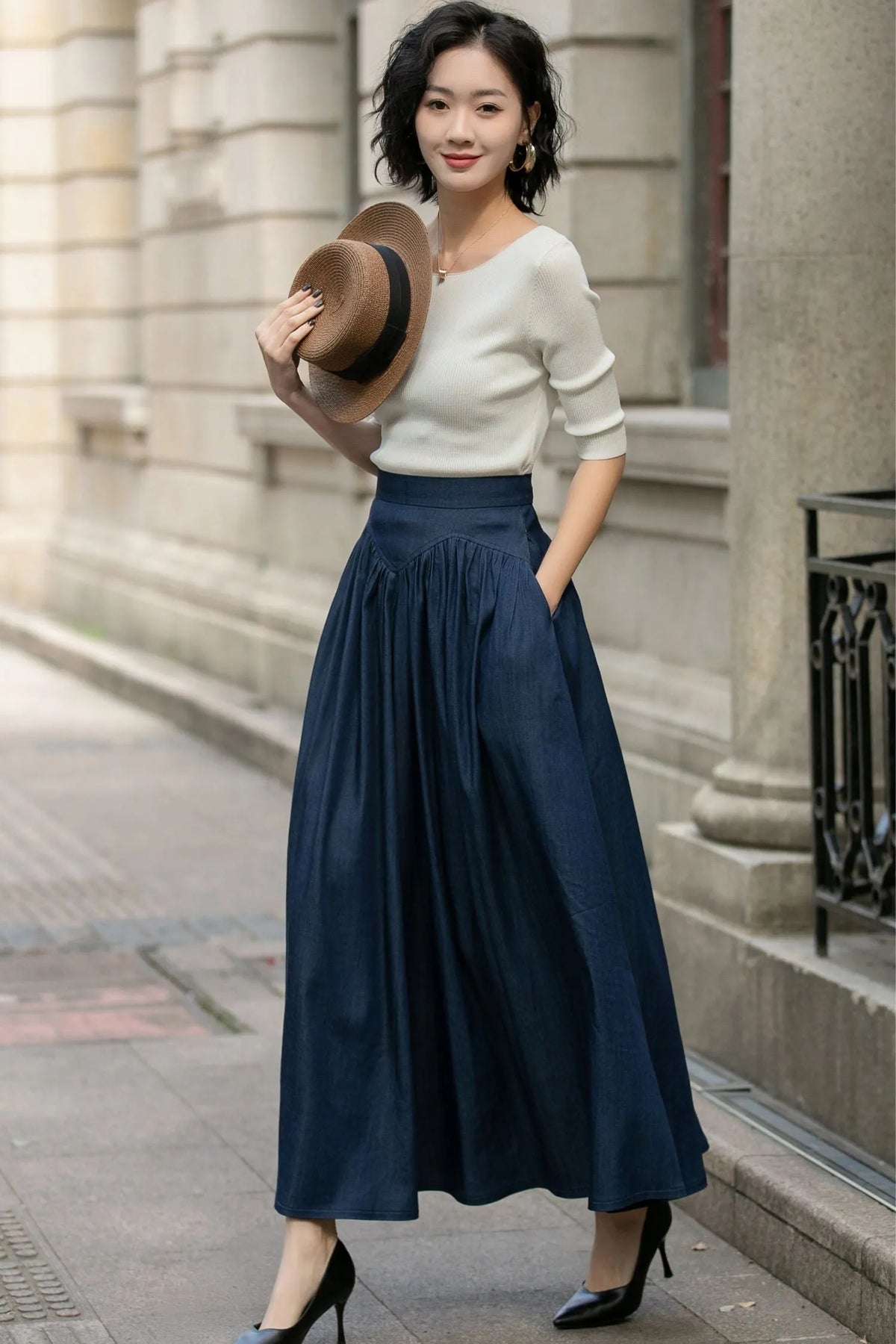 Navy Cotton Maxi Skirt - High Waist Pleated Two Pockets 