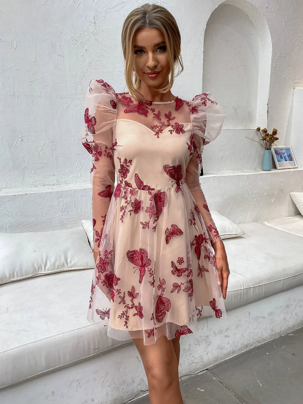 KittenAlarm - Women Fashion See Through sexy butterfly dot embroidery lace dress short skirt Gigot sleeve dress