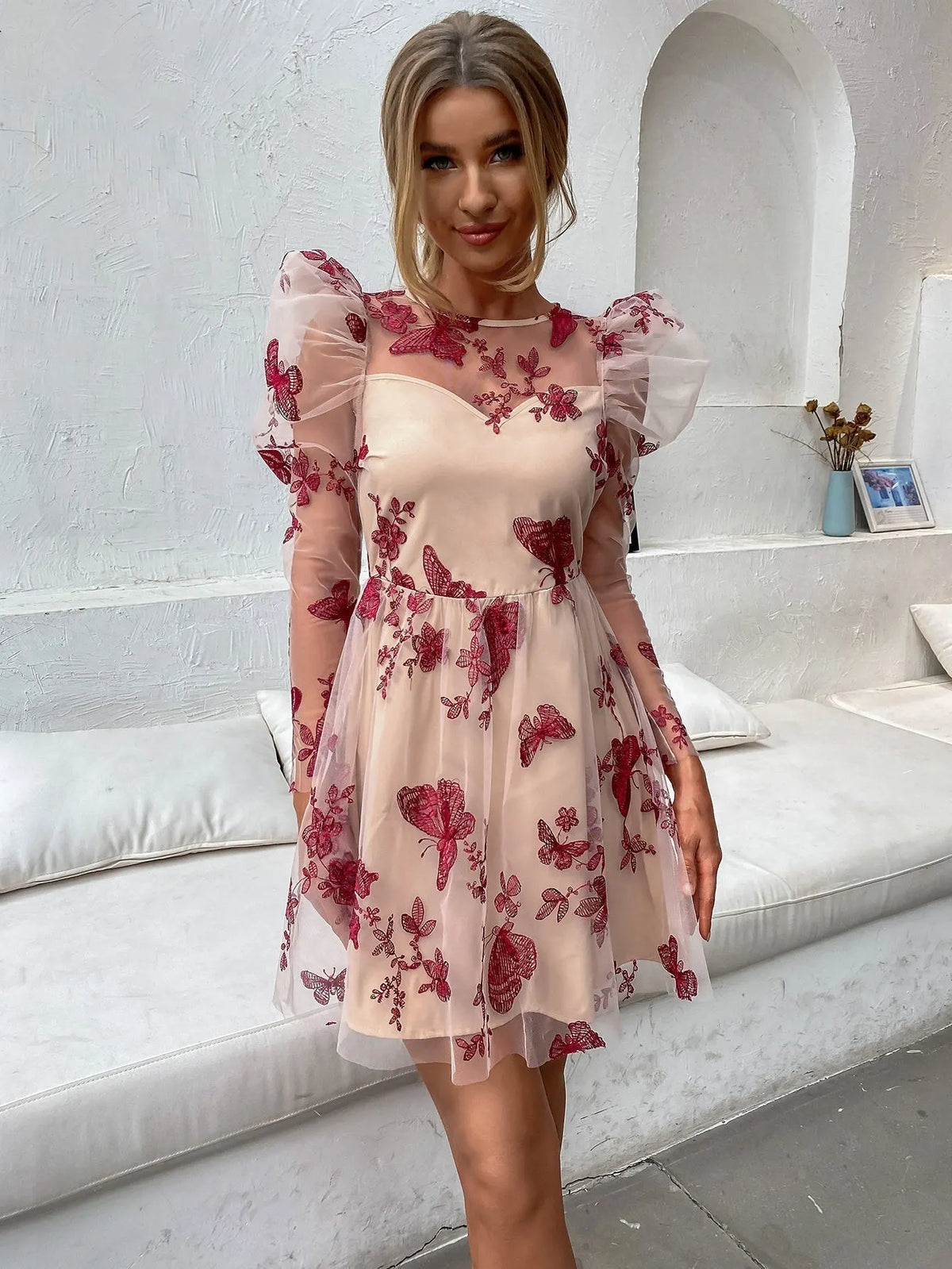 KittenAlarm - Women Fashion See Through sexy butterfly dot embroidery lace dress short skirt Gigot sleeve dress