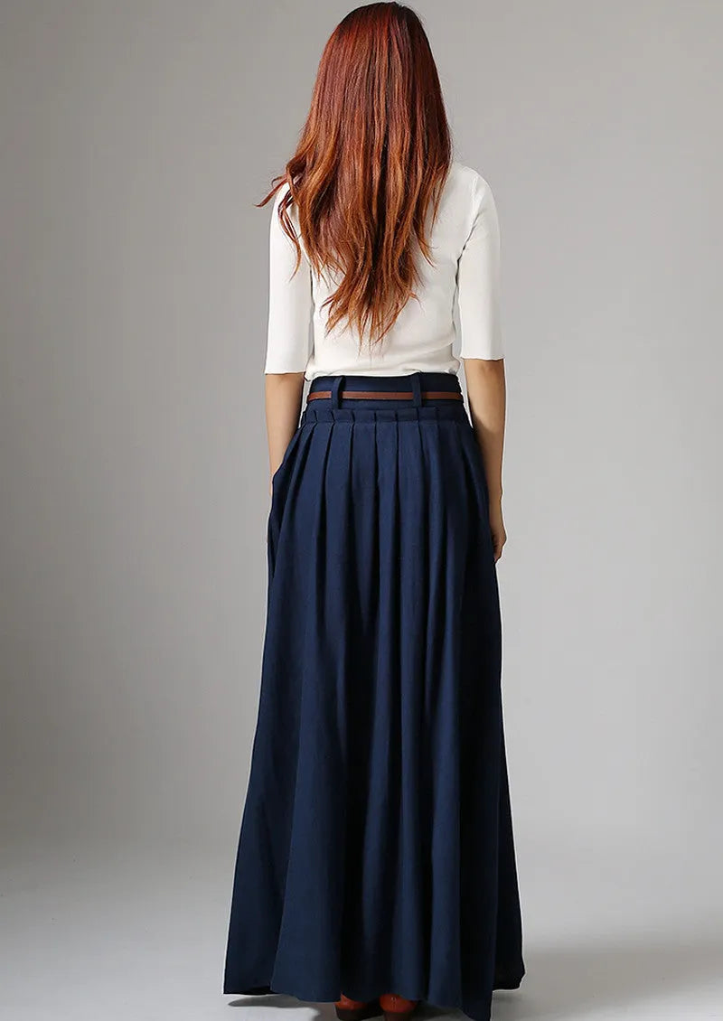 Handmade Navy Blue Linen Maxi Skirt – High Waist with Pockets 1046