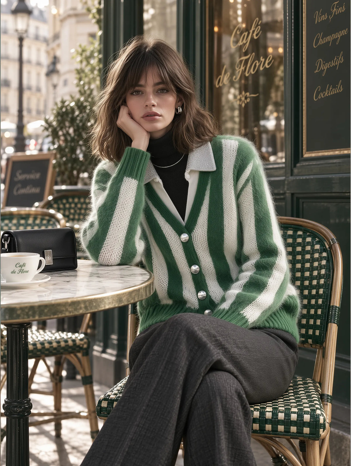 Chic Vacation-style Green And White Striped Mohair Cardigan