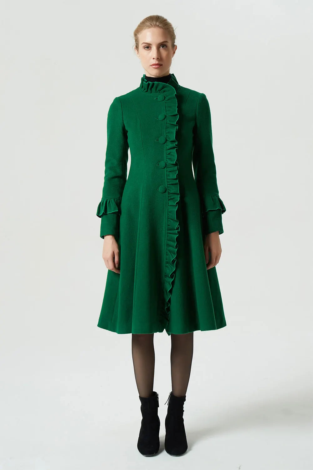 Women’s Green Wool Blend Coat with Ruffled Trim – Vintage Winter Coat 