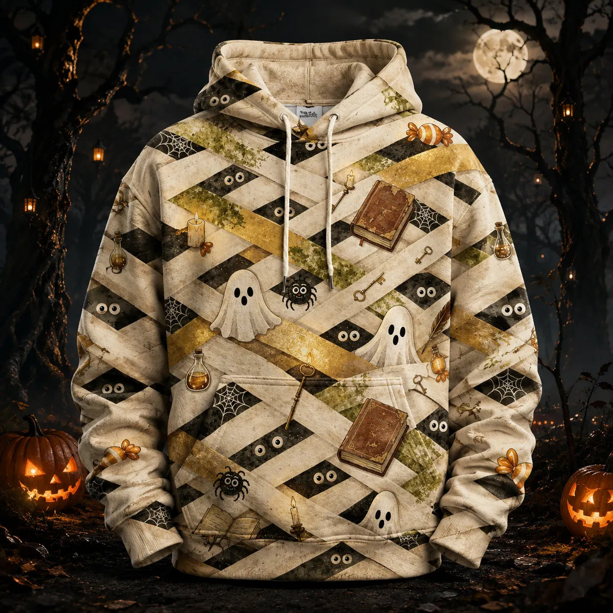 Men's Vintage Halloween Bandaged Ghost Art Print Casual Hoodie