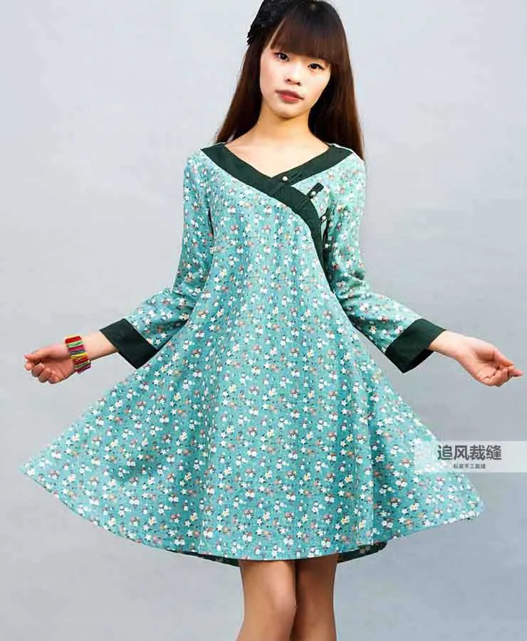 Handmade Green Floral Linen Shirt Dress – Loose Long Top with Buttons 