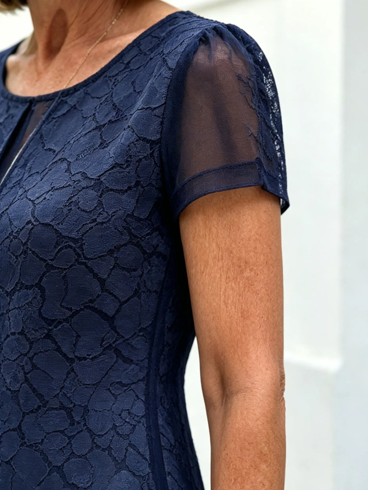 Navy Blue Printed Mesh Layered Midi Dress, Round Neck Short Sleeve Straight A-Line Tummy Concealing Dress for Mature Wom