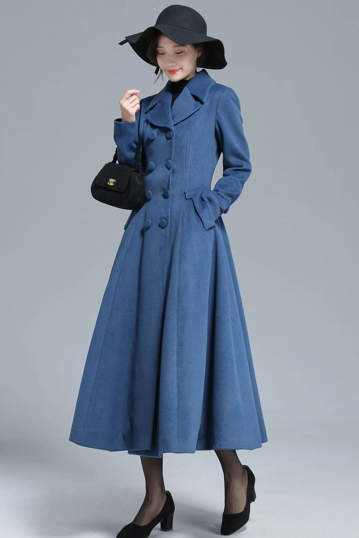 Blue Wool Maxi Coat - Vintage Inspired Fit & Flare Silhouette 3127