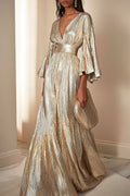 Party Evening Dress Ruffled Deep V Metallic Pleated Maxi Gown