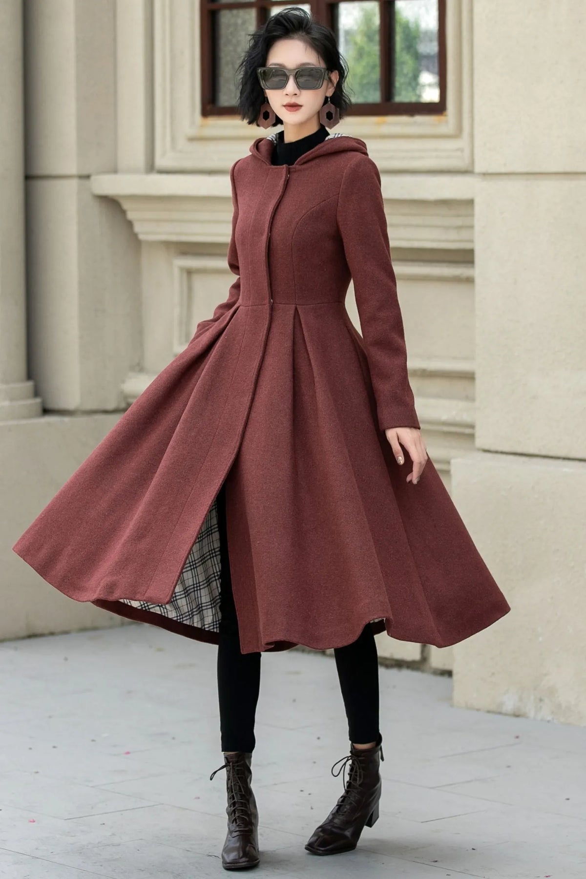 Rust Wool A Line Winter Coat - Hooded Swing Silhouette 5347