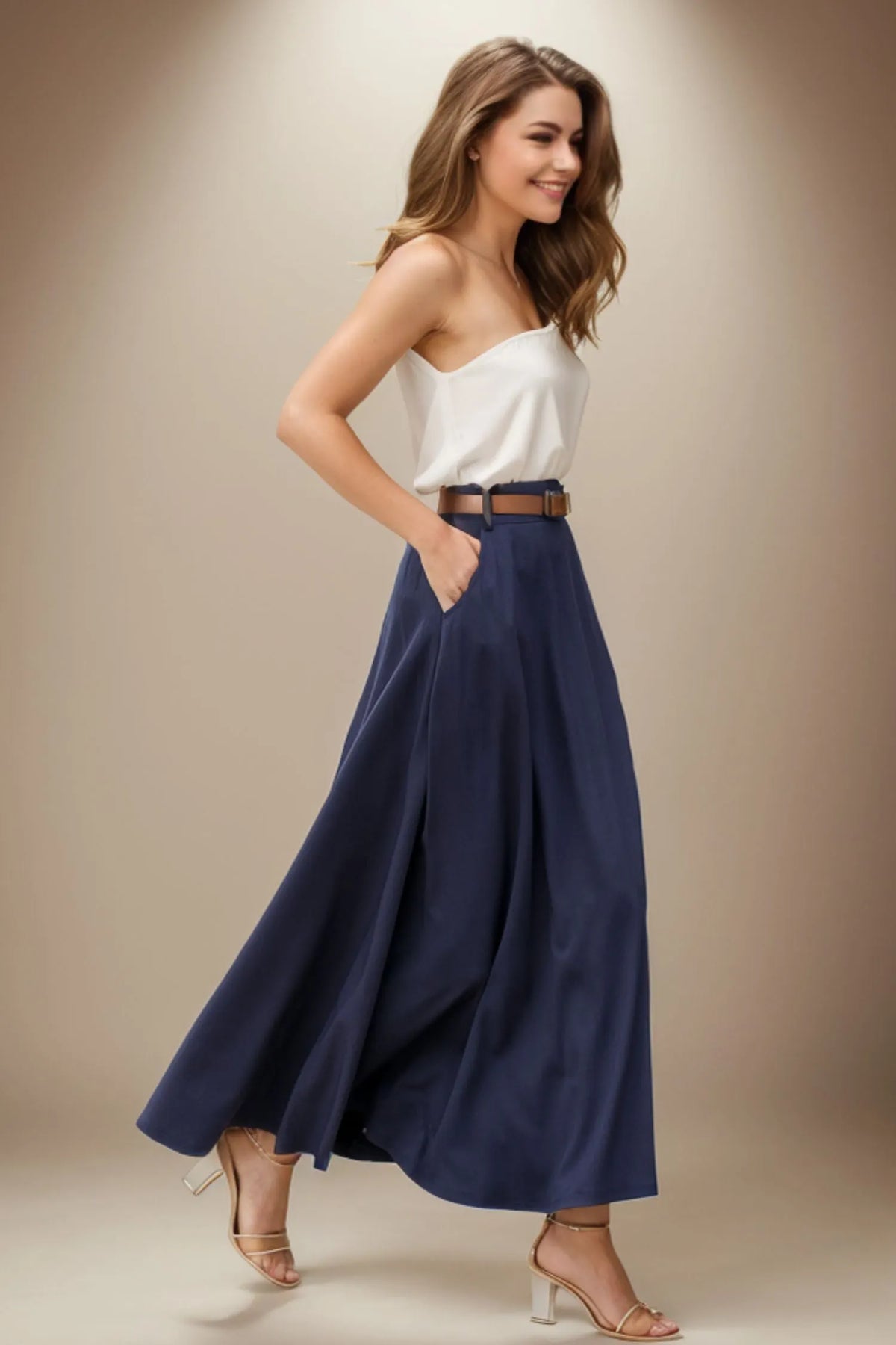 Navy Blue Linen Blend Maxi Skirt - High Waist A-Line with Pockets 5131