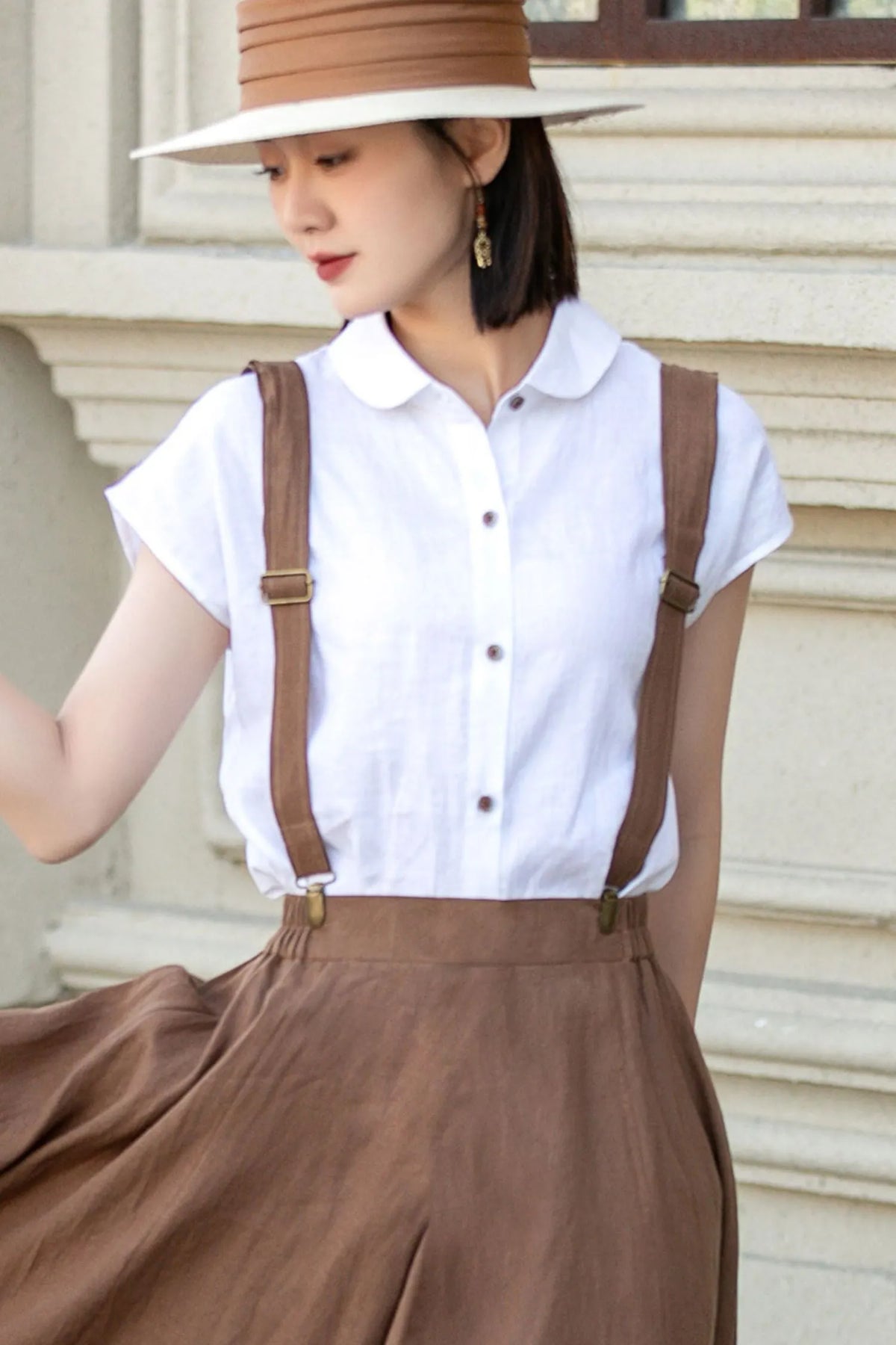 White Linen Shirt Top - Loose Fit, Lapel Collar 4921