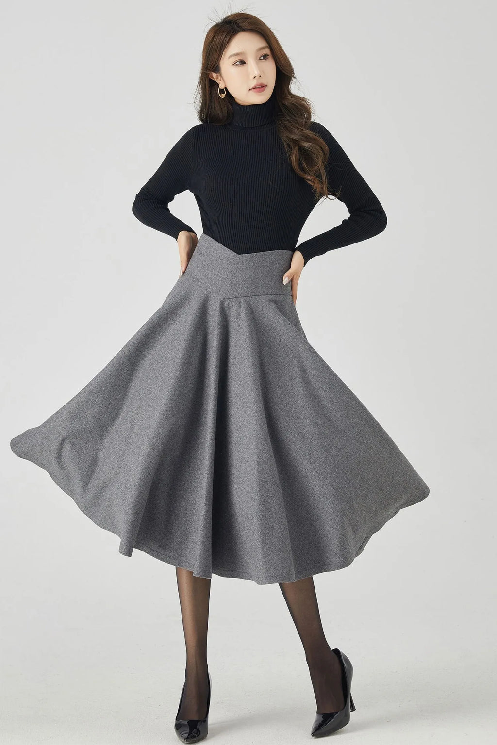 Handmade Deep Gray Wool Midi Skirt – Vintage V-Waist Circle Skirt for Winter Elegance 4534