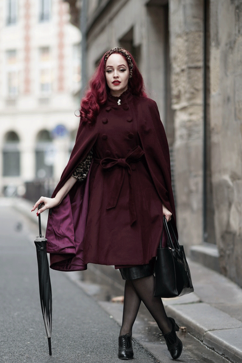 Burgundy Wool Cape Coat – Handmade Vintage Stand Collar Cloak with Belt 4728