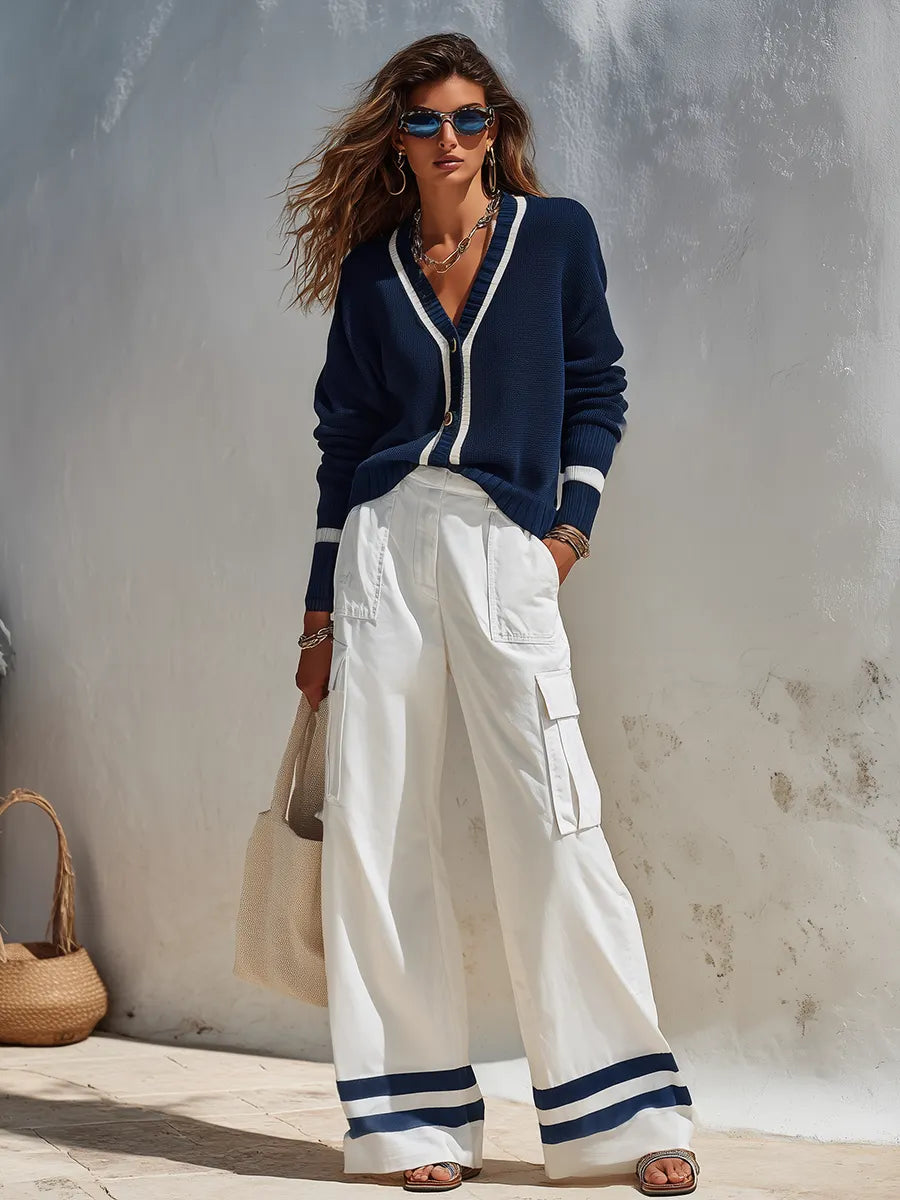 Retro Casual Color-blocked Striped Knit Cardigan