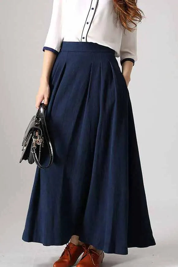 Navy Linen Cotton Maxi Skirt - High Waist A-Line Pleated Silhouette 855