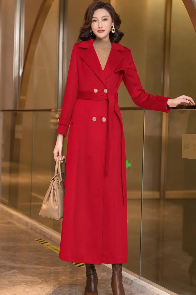 Black Wool Coat – Long Double Breasted Belted Winter Overcoat for Women 3970