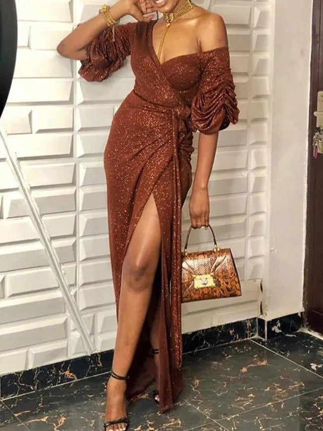 V-neck Wrapped Chest Slit Mopping Dress