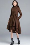Brown Wool Coat - Asymmetrical Tiered Hem with Self Tie Belt c2491