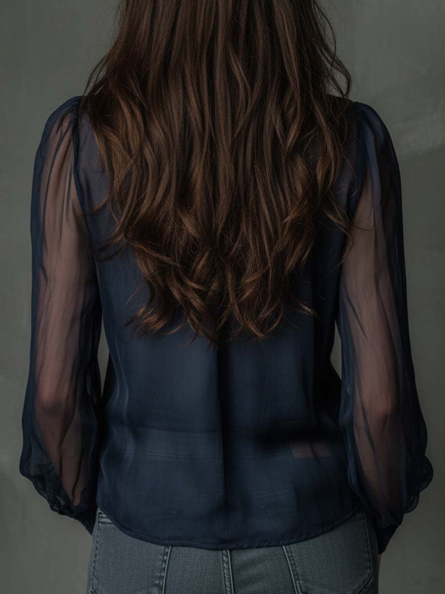 Sheer Chiffon Zip-Front Blouse