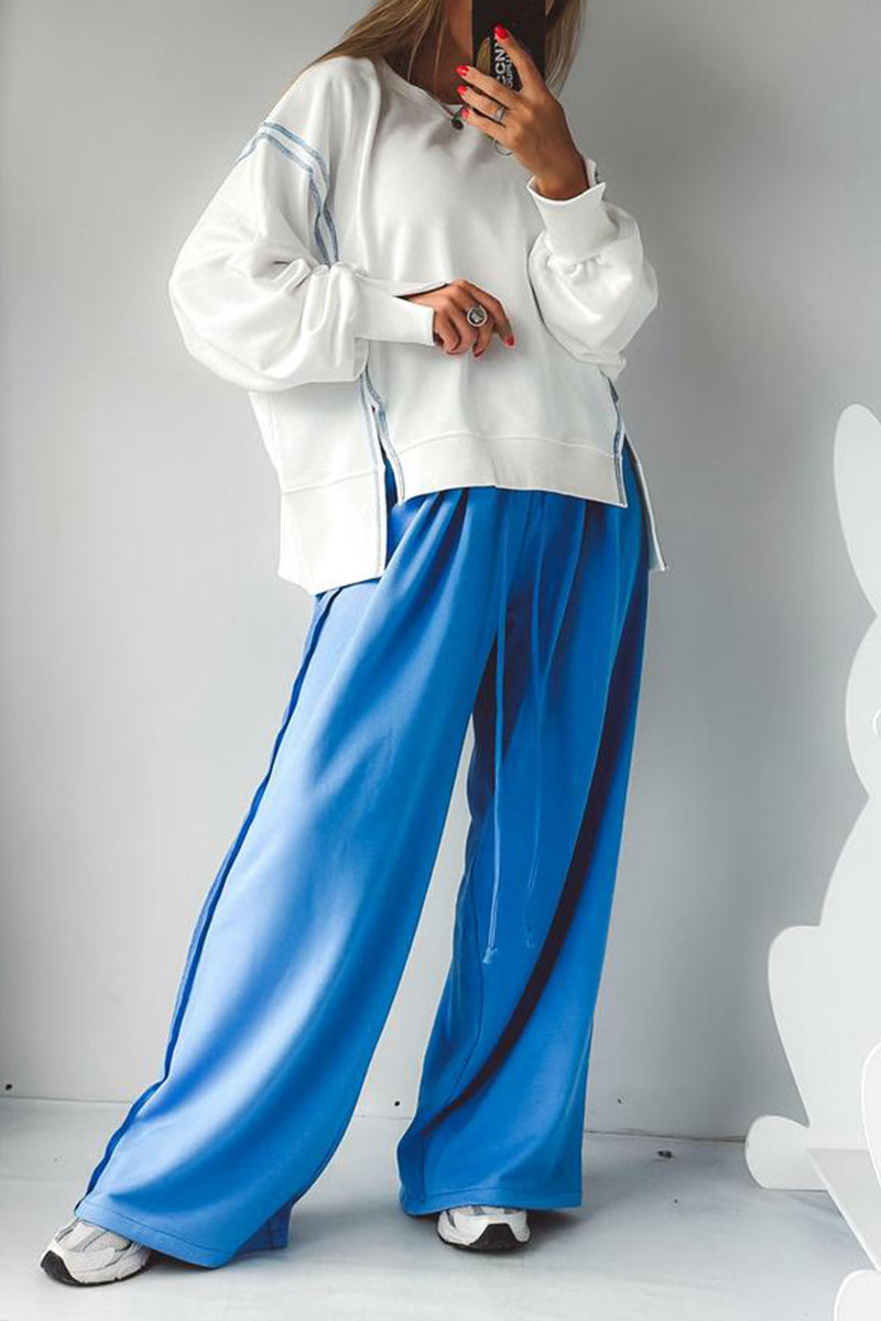 Women Round Neck Spliced Sweatshirt + Drawstring Pants Casual Set